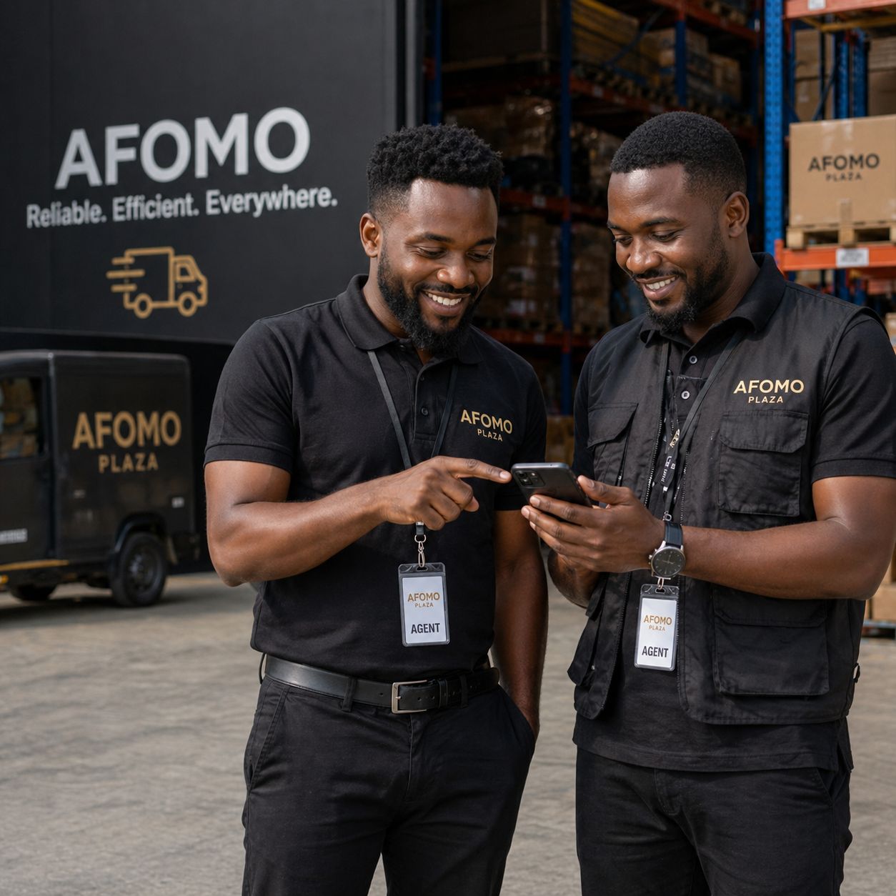 Two Afomo field agents reviewing a phone