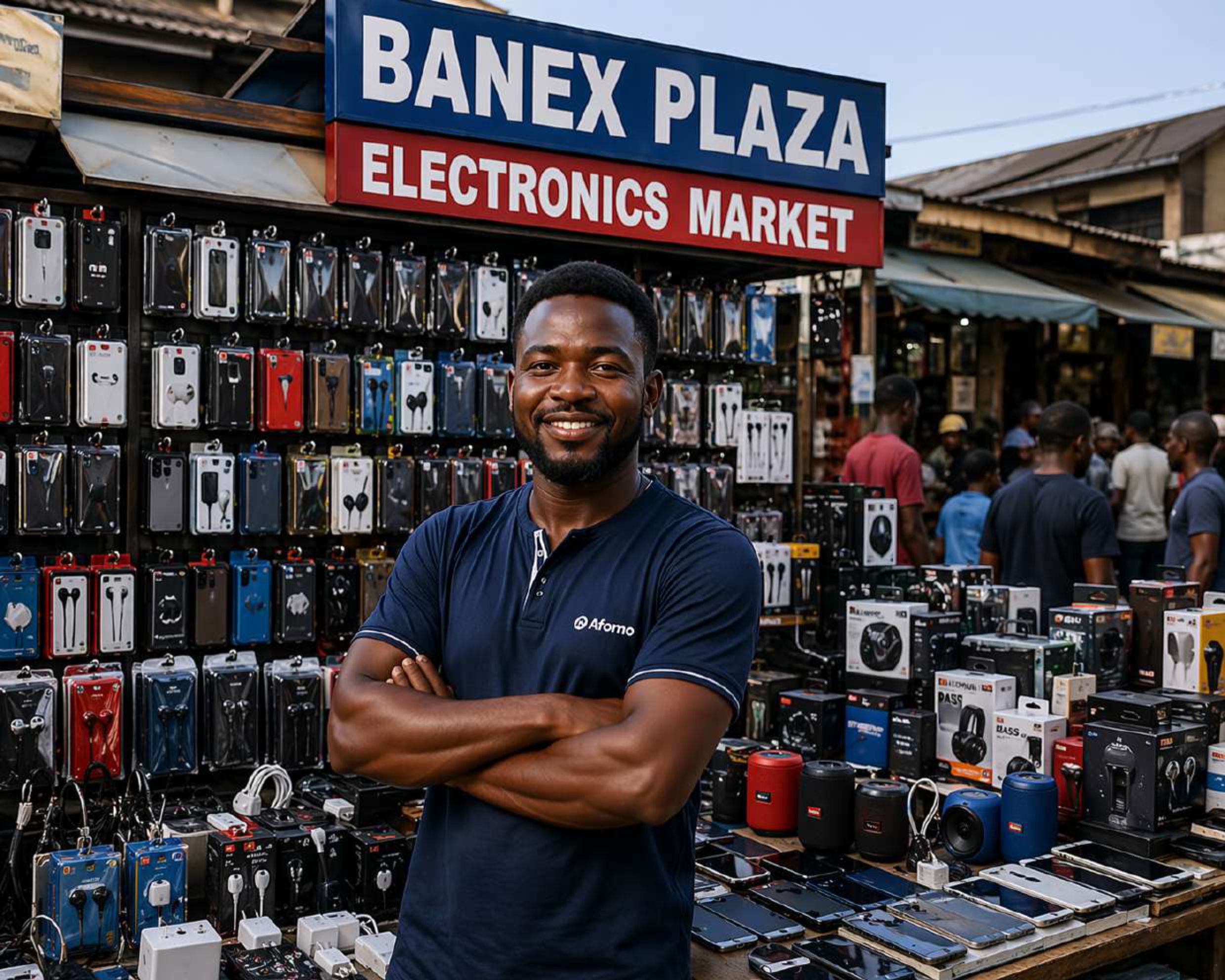 Smiling African female merchant at Banex Plaza electronics market